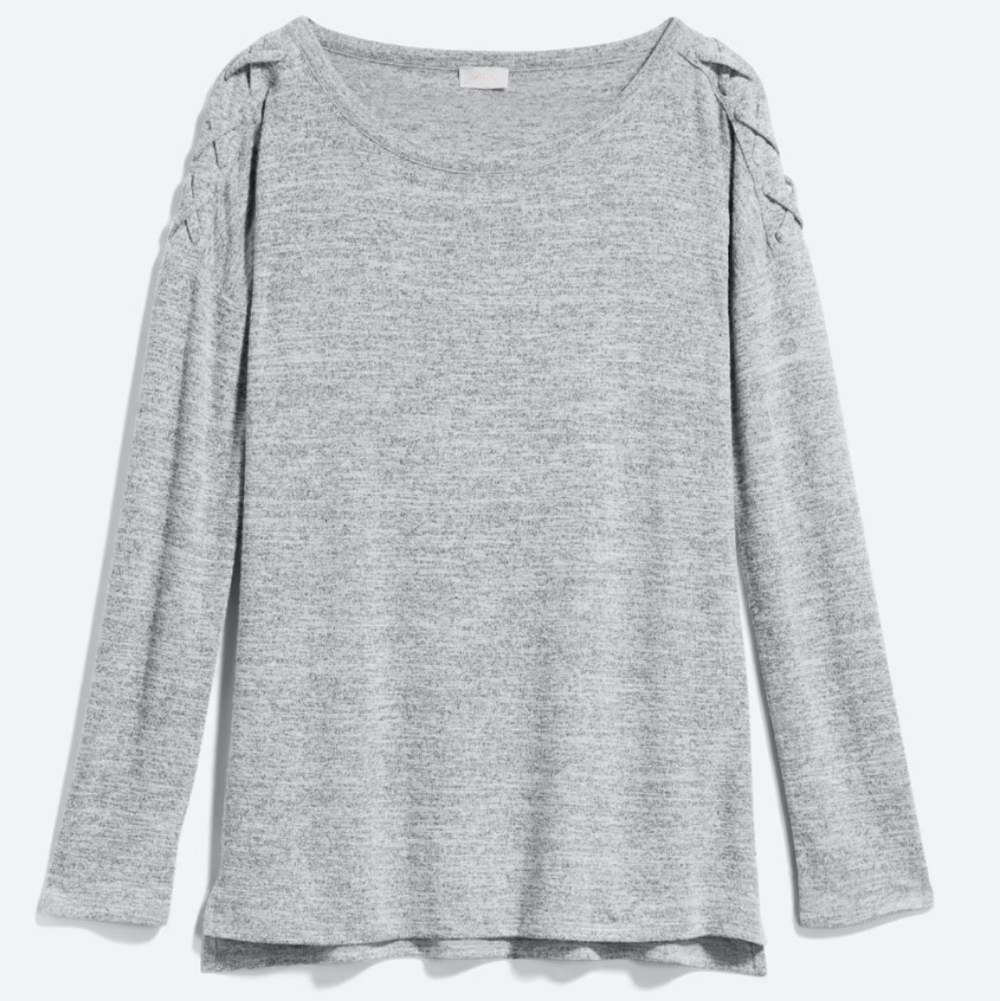 Pixley Heathered Gray Lace Shoulder Knit Long Sleeve Top